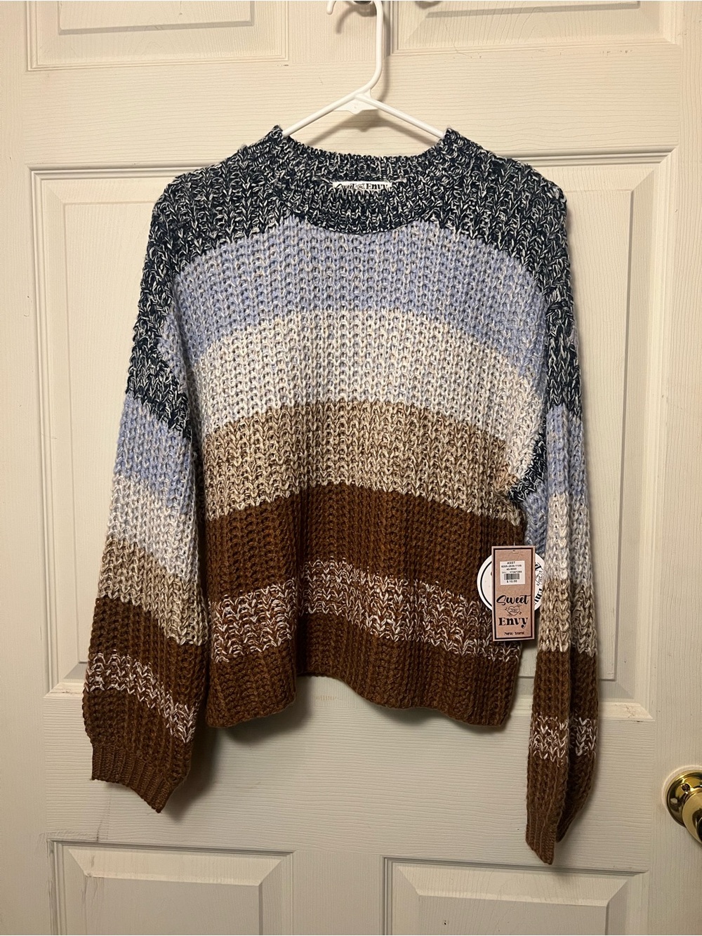 Cozy Striped Crewneck Sweater in Blue, Cream & Brown